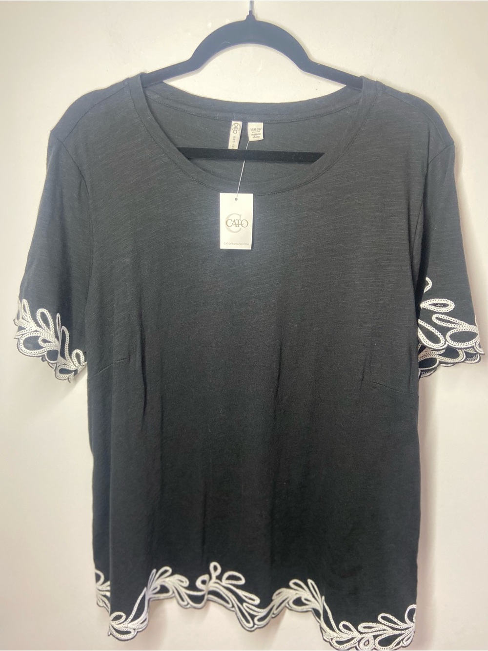 Cato Black Short Sleeve Tee with White Scallop Trim